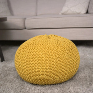 Knitted Cotton Round Pouf Ottoman with Soft Textured Cover - Dark Gray, Yellow, Blue