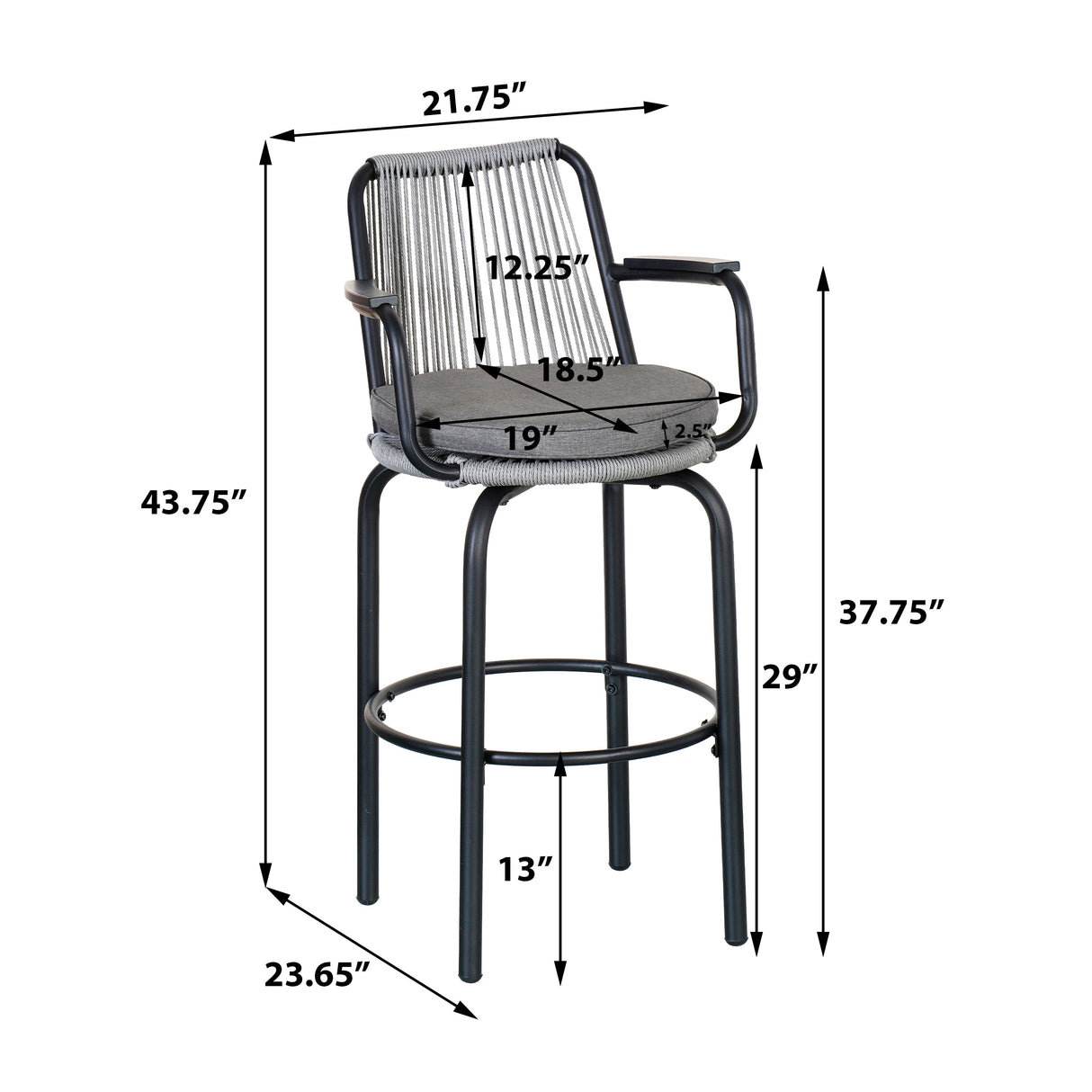 Outdoor Patio Bar Stools 29"H Set of 2, Modern Woven Rattan Rope Bar Height Chair