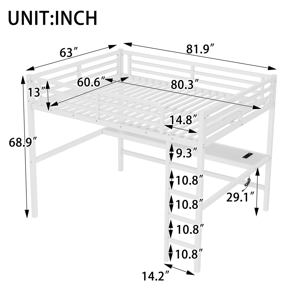 Metal Queen Size Loft Bed with Power Outlet and LED Lighted
