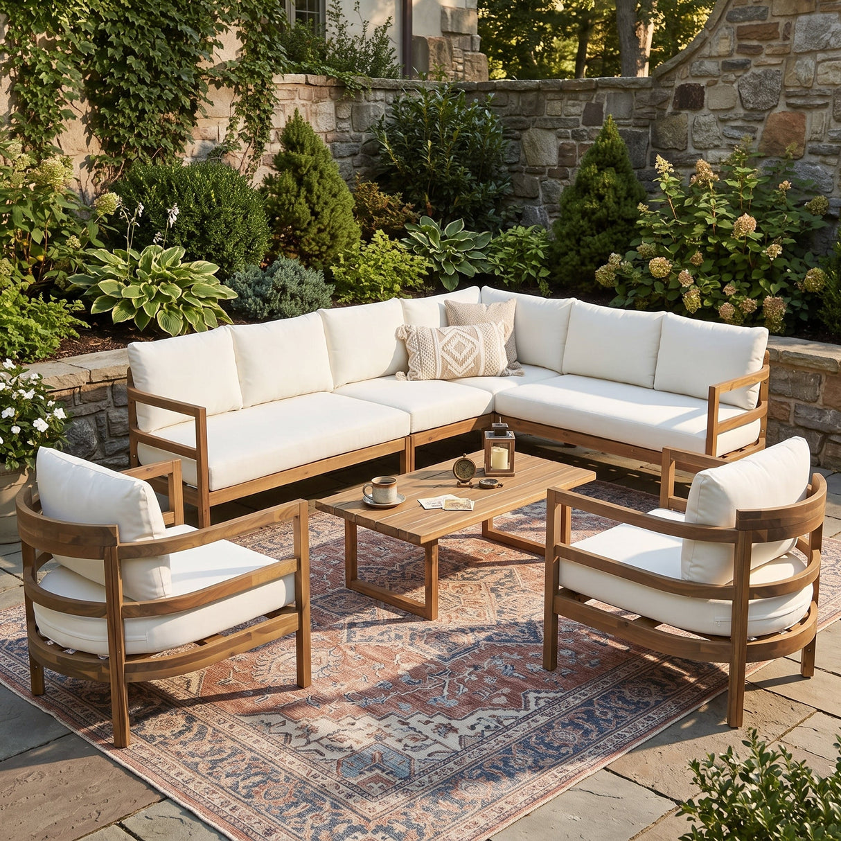 Outdoor Acacia Wood 7-Seater Sectional Sofa Set