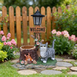 Cat Solar Planter Statue for Outdoor Decor