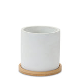 White Stone Planter with Wood Plate (Set of 2)