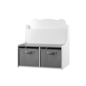 Bookshelf With Storage Bins, Bookcase With Book Display Shelf And 2 Bins, Cute Bear Shaped Backboard, Toy Organizer - White