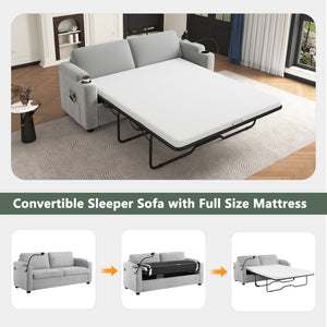 Sleeper Sofa Loveseat Sofa With Full Size Mattress, 2 USB Ports, 2 Cup Holders, 2 Side Pockets And Phone Holder