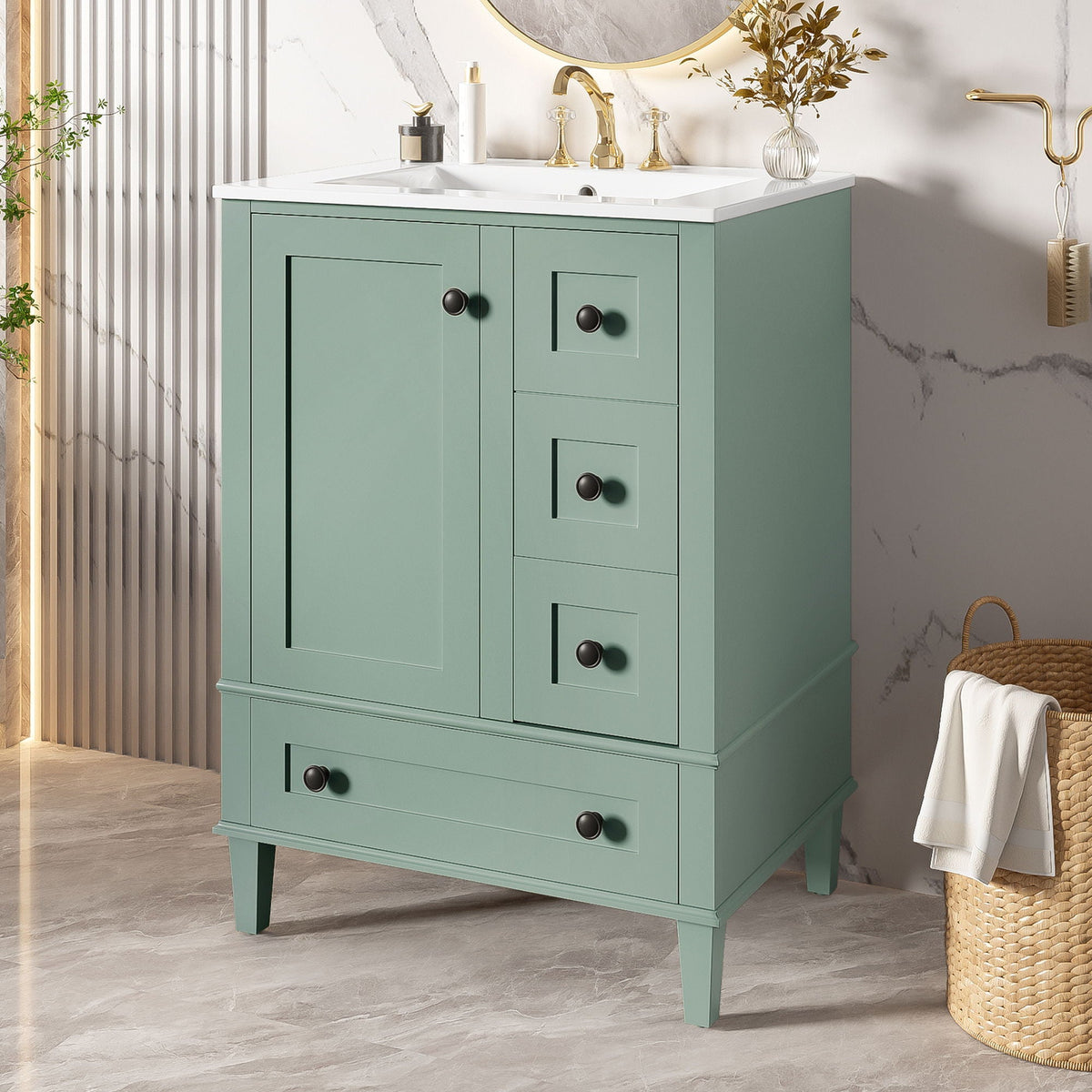 Bathroom Vanity With Integrated Basin, Soft Close Drawers, Door Mounted Double Layer Shelf