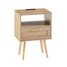 15.75" Rattan End Table With Power Outlet & USB Ports, Modern Nightstand With Drawer And Solid Wood Legs, Side Table For Living Room, Bedroom