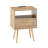 15.75" Rattan End Table With Power Outlet & USB Ports, Modern Nightstand With Drawer And Solid Wood Legs, Side Table For Living Room, Bedroom