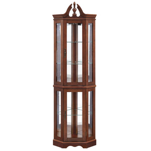 Corner Curio Cabinet with Lights and Adjustable Glass Shelves - Mirrored Walnut