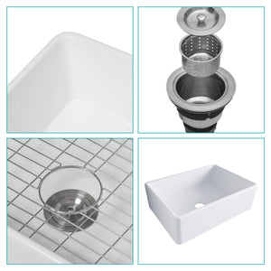 Farmhouse Ceramic Apron Front Single Bowl Kitchen Sink with Durable Design - White or Black