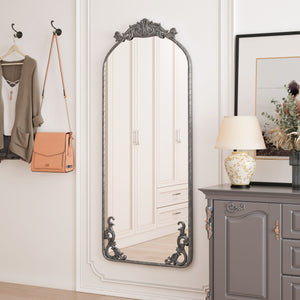 Retro Arched Full Body Mirror with Vintage Carved Applique