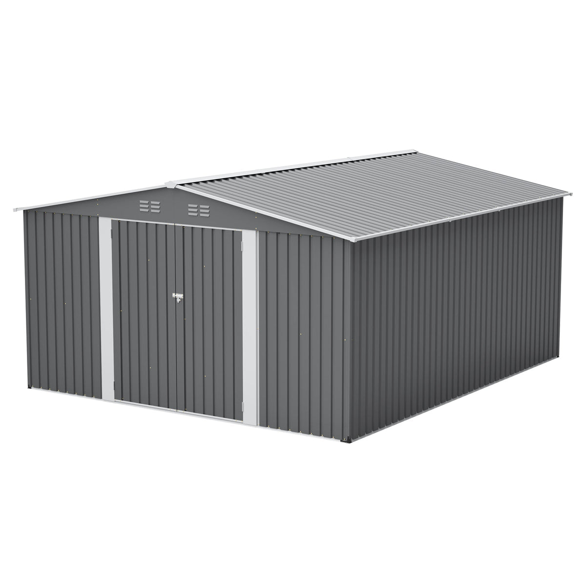 12×14 ft Outdoor Metal Storage Shed with Lockable Double Doors - Gray