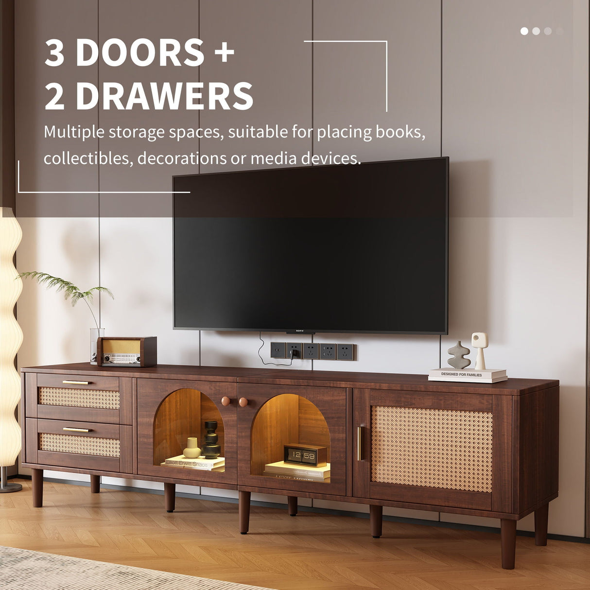 TV Stand With 3 Cabinets & 2 Drawers, LED Light Media Console For TVs Up To 80" - Dark Brown