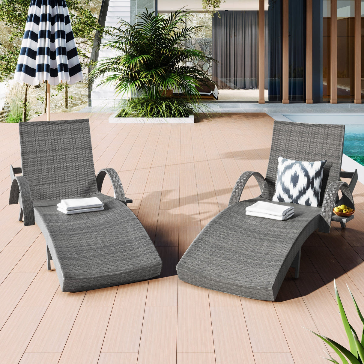 K&K 80'' Outdoor Wicker Chaise Lounge Chairs Set of 2