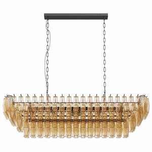 54' Black Rectangular Chandeliers for Dining Room, 12-Light 4 Tiered Large Smoke Glass Chandelier, Modern Kitchen Island Farmhouse Hanging Light Fixture for Living Room Foyer(Bulb not included)