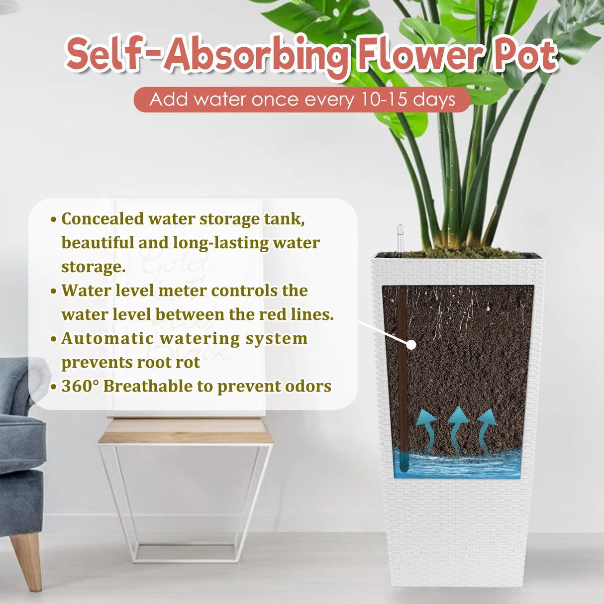 30 in Tall Large Flower Pot Planter with Self-Watering Drainage Holes
