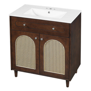 Modern Bathroom Vanity with Ceramic Sink and Adjustable Shelf - Dark Brown or White