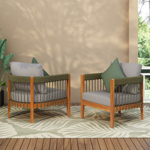 [Set of 2] Acacia Wood Outdoor Club Chair with Rope Accents