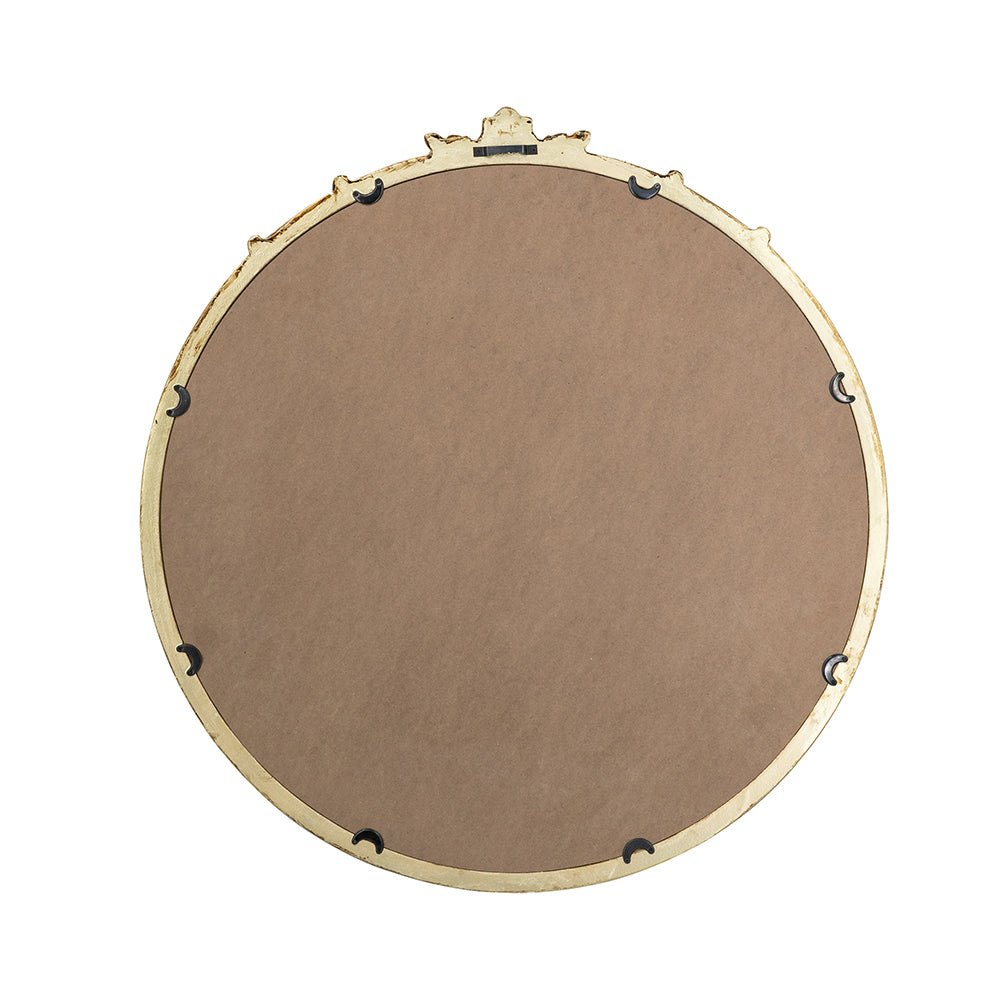 30x31" Round Wall Mirror with Gold Finish and Decorative Leaf Crest