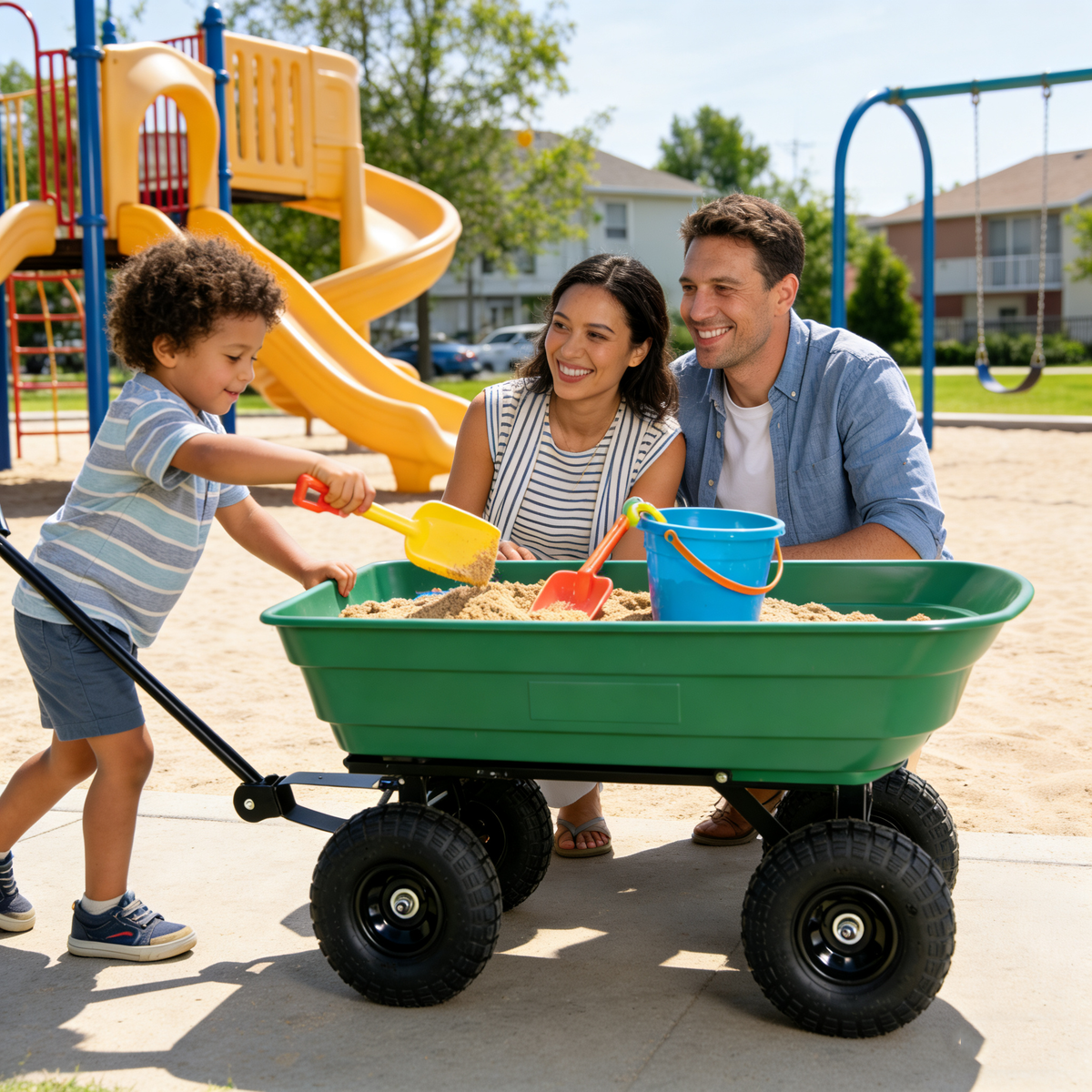 Folding Poly Garden Dump Truck with Steel Frame and Pneumatic Tires - Green