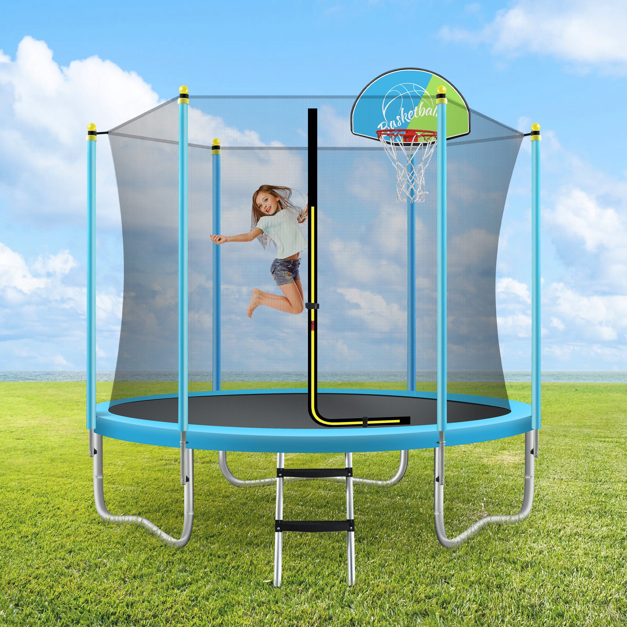 8FT-Trampoline-for-Kids-with-Safety-Enclosure-Net,-Basketball-Hoop-and-Ladder,-Easy-Assembly-Round-Outdoor-Recreational-Trampoline-Exercise-&-Fitness