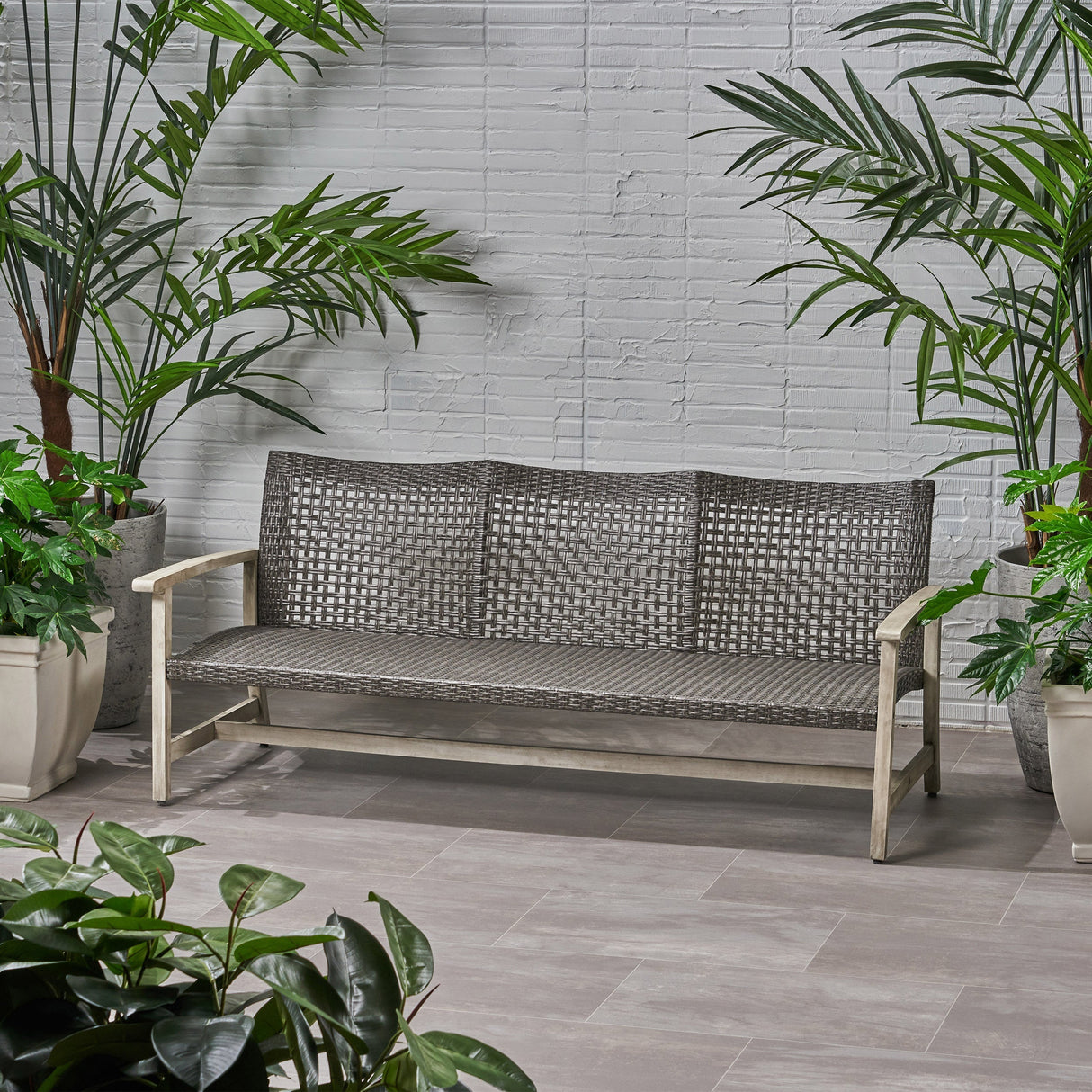 Outdoor Acacia Wood Wicker 3-Seater Sofa, Patio Furniture Conversation Set for Backyard