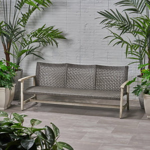 Outdoor Acacia Wood Wicker 3-Seater Sofa, Patio Furniture Conversation Set for Backyard