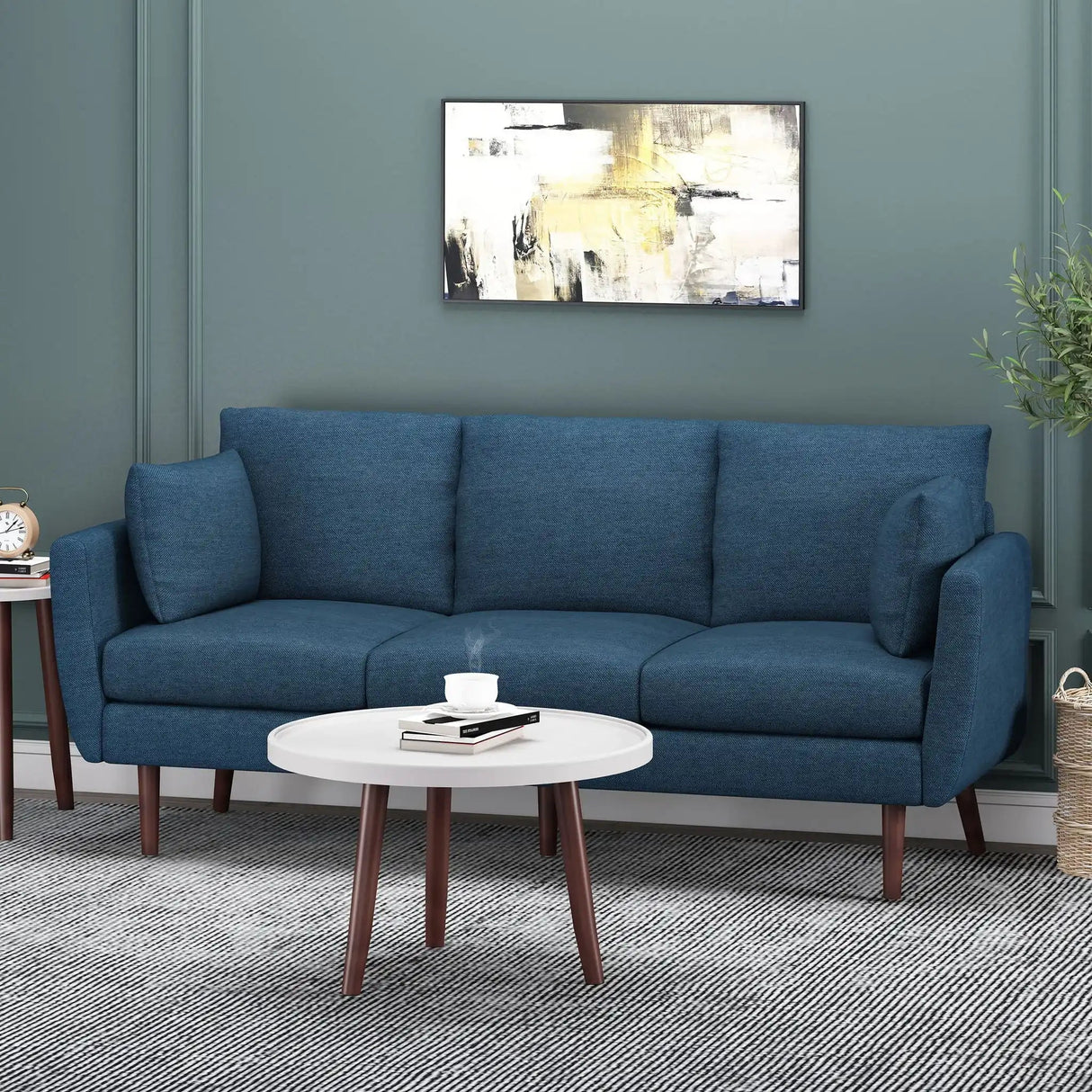 Diaphanous - Upholstered 3 Seater Sofa With 2 Accent Pillows And Wood Legs