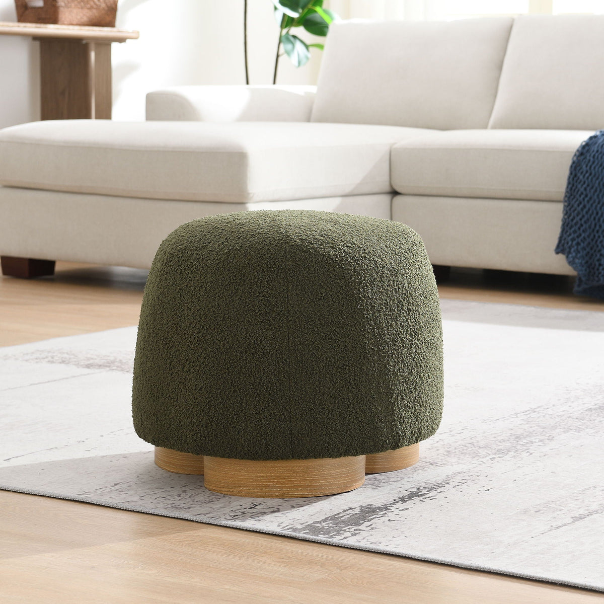 Round Soft Teddy Fabric Upholstered Ottoman with Metal Accents - White or Dark Green