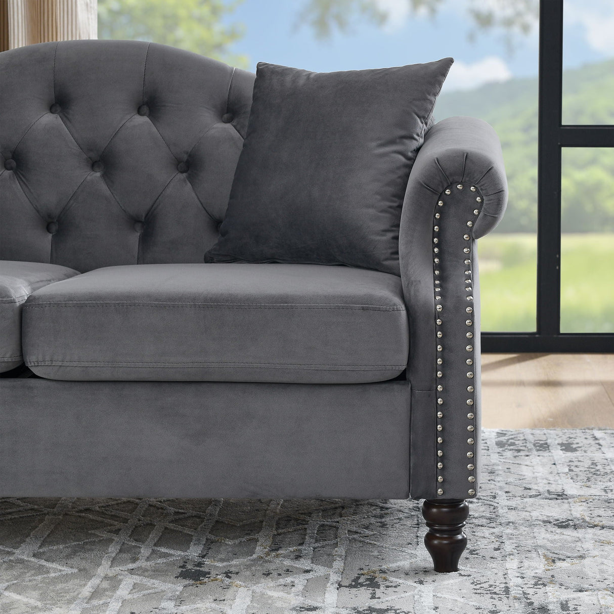 2 Seater Chesterfield Sofa With Rolled Arms And Nailhead Trim For Living Room