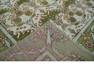 8.6x10 Hand Knotted Ivory and Green Floral Traditional Antique Style Wool Area Rug