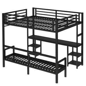 Queen Over Twin XL Metal Bunk Bed with Desk and Shelves