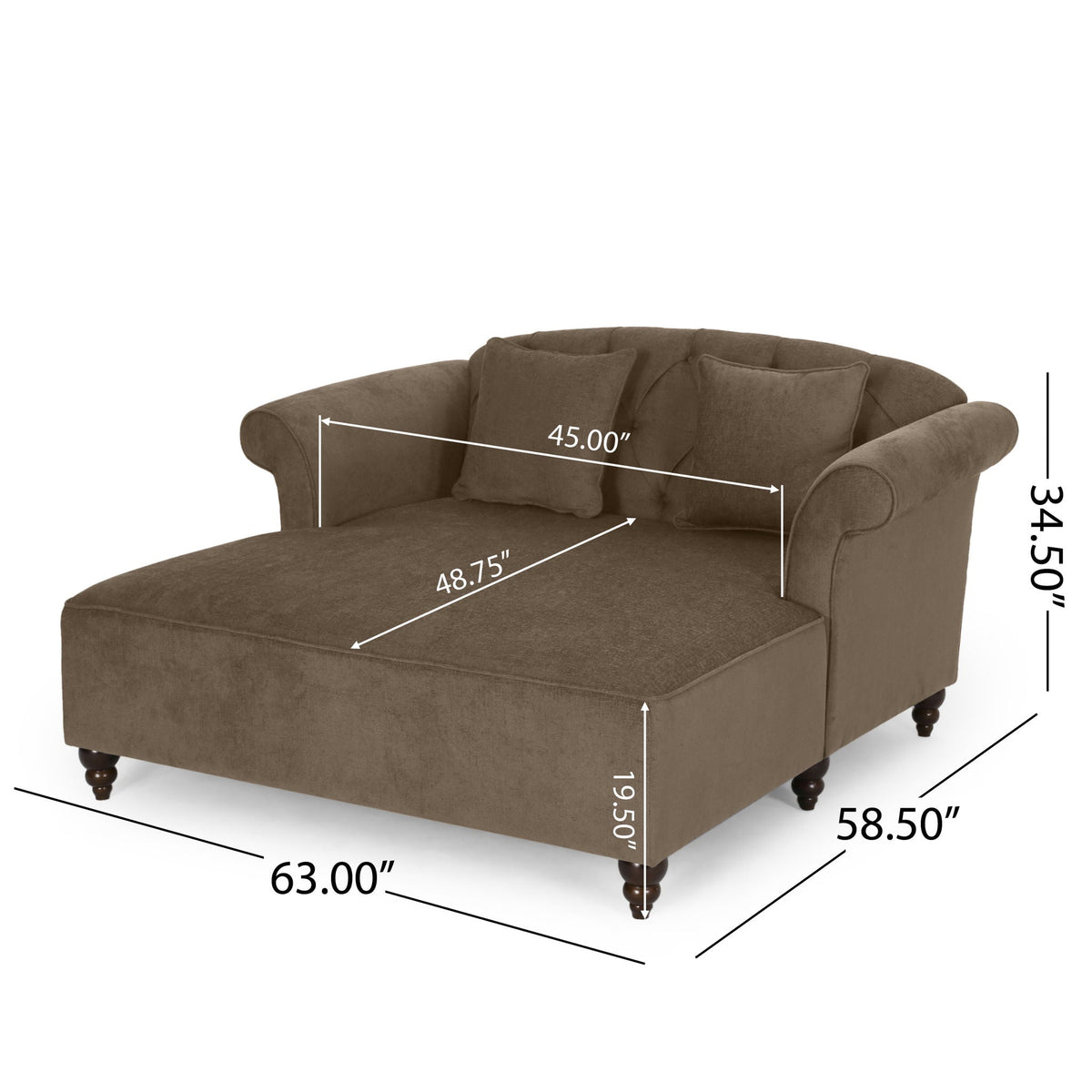 Upholstered Chaise Lounge with Scroll Arms & Pillows - Dark Gray or Dark Brown