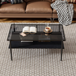 Rectangle Coffee Table With Tempered Glass Top And Legs, Modern Table For Living Room