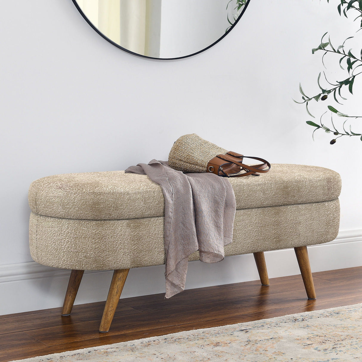 Modern Ottoman Oval Storage Bench with Rubber Wood Legs