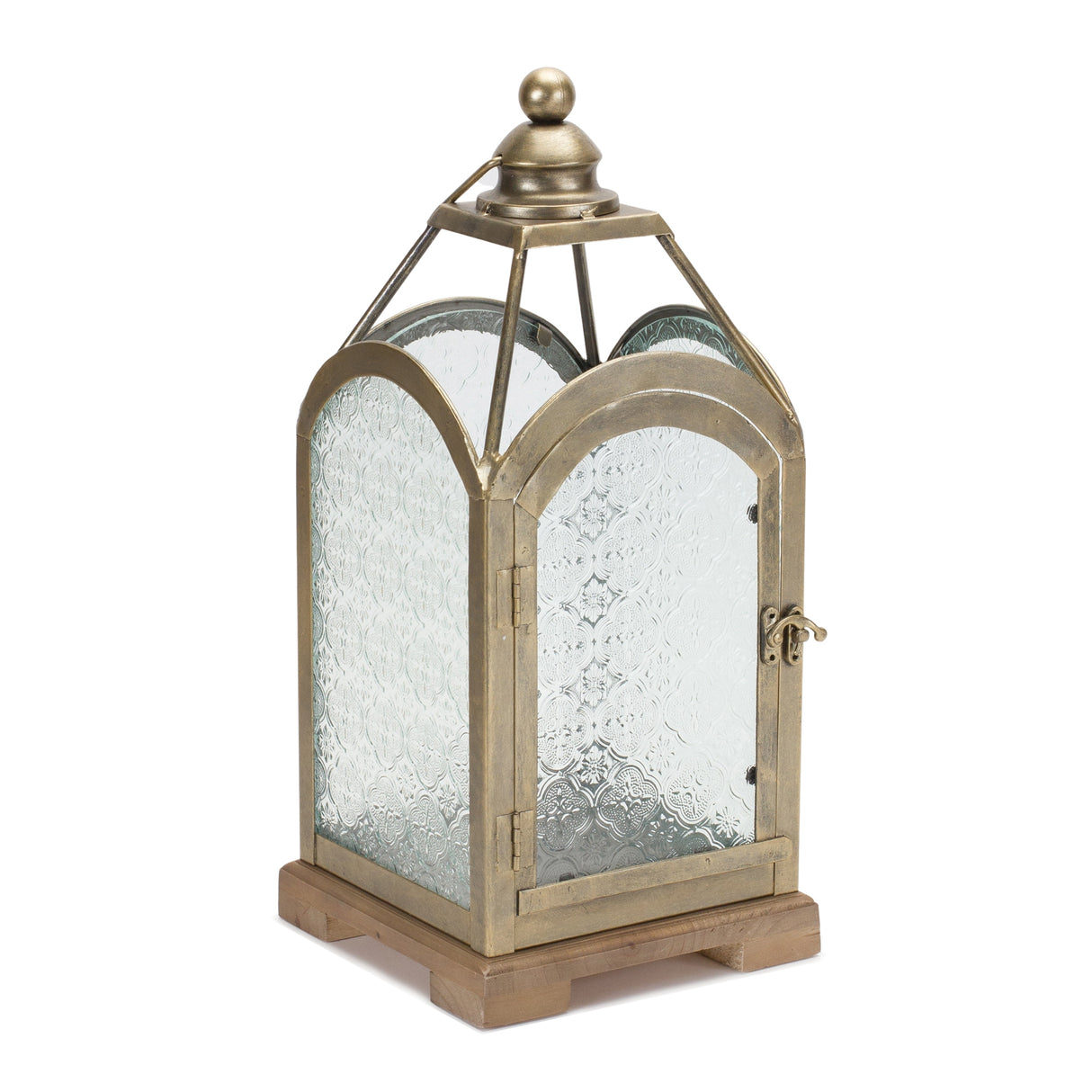 Pewter metal lantern with ornate glass 16"h