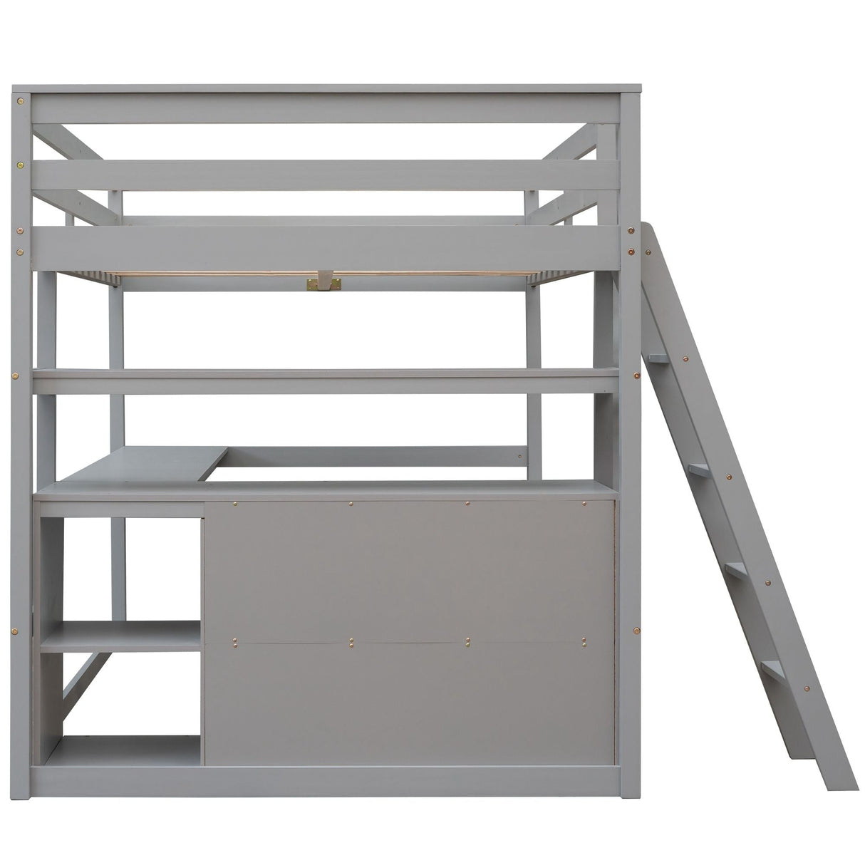Modern Loft Bed With Built In Desk, Shelves, And 2 Drawers