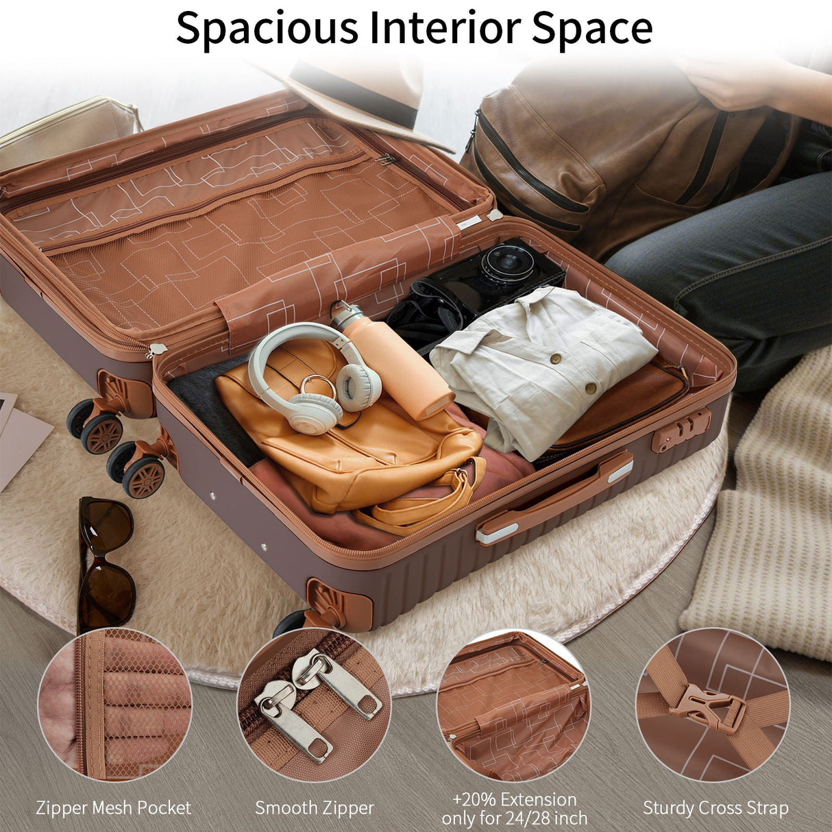 4 Piece Luggage Suitcase Set, Hard Shell Lightweight Expandable Travel Luggage With 4 Packing Cubes