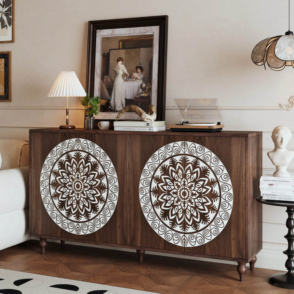 60" Vintage Mandala Carved Sideboard