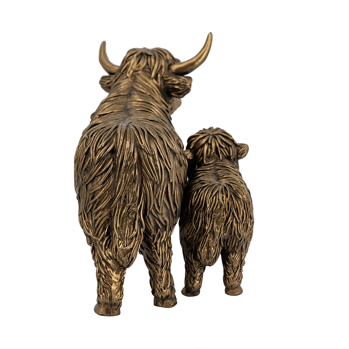 7.5x4.5x5.5' Lifelike Polyresin Highland Cow and Calf Statue with Rich Bronze Finish