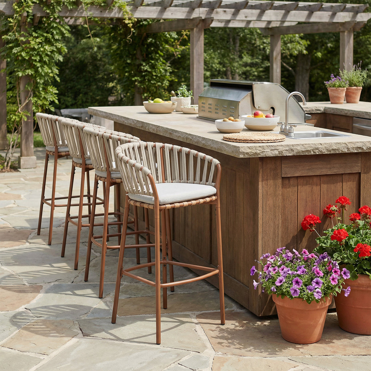 Lodi Outdoor Metal Rope Barstool, Teak Finished Frame and Beige Cushion, Set of 4