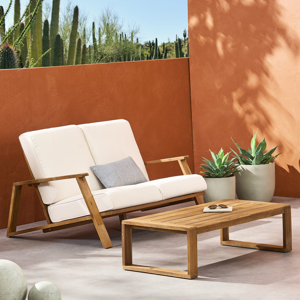 Paloma Loveseat and Coffee Table with Weather-Resistant Cushions - Acacia Wood