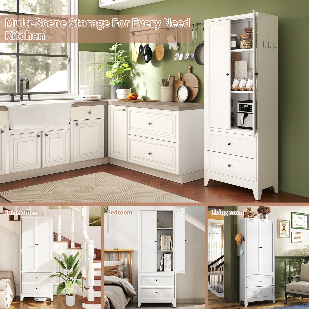Pantry Cabinet With 2 Drawers, Adjustable Shelves, Freestanding Kitchen Storage Organizer - White
