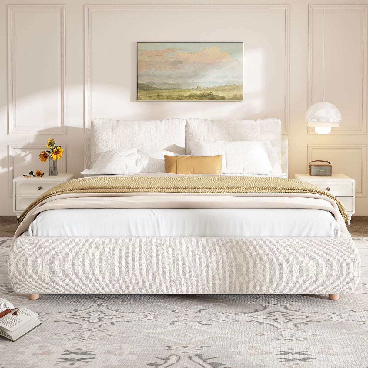 Queen Size Upholstered Platform Bed with Two Removable Pillow Headboard