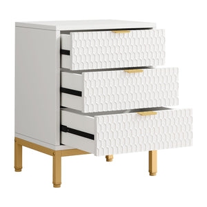 3 Drawer Nightstand With Hexagon Pattern, Storage Table For Living - White