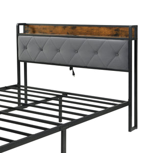 Modern Bed Frame With LED Lights, Upholstered Headboard, USB Charging