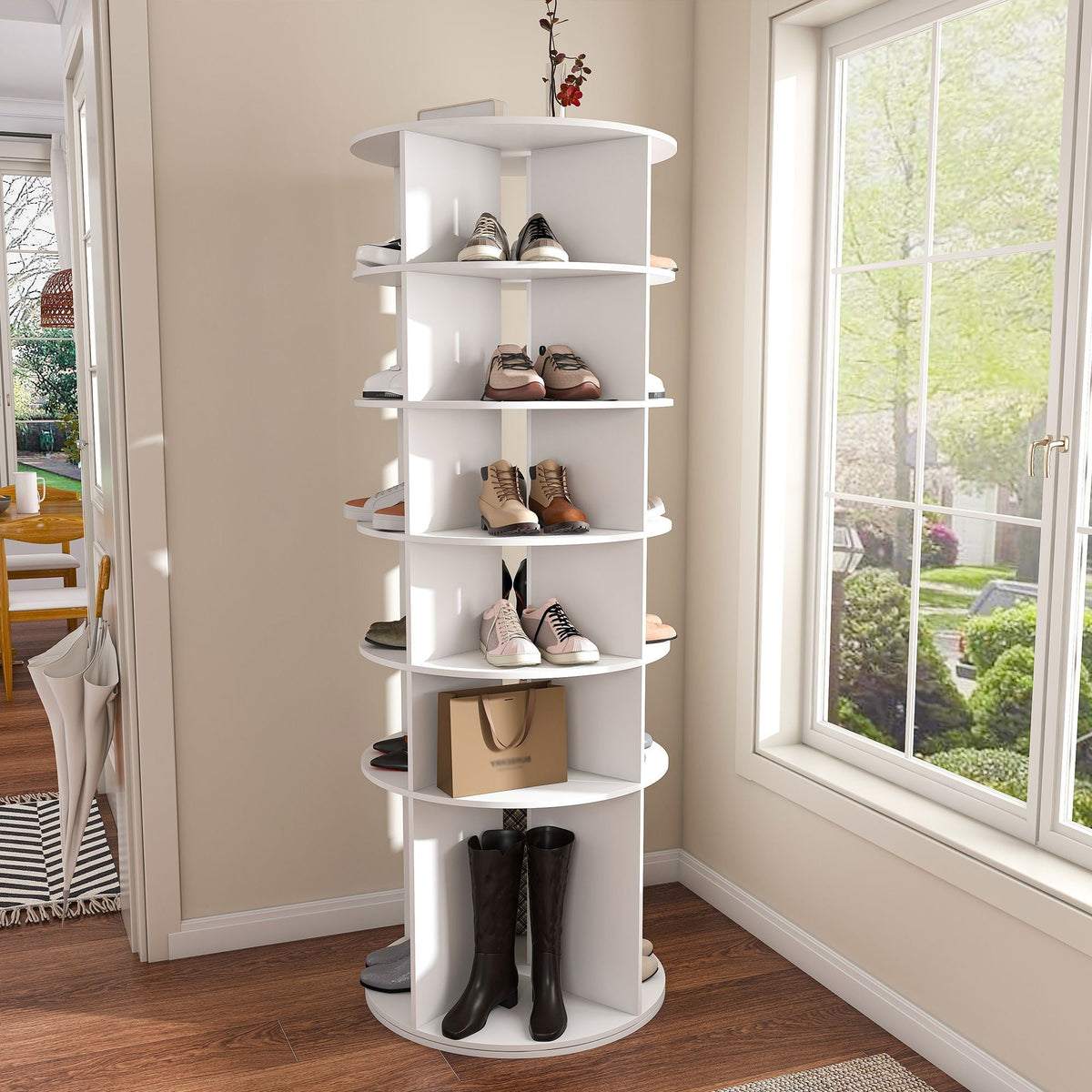 6 Tier Spinning Shoe Rack with 360° Revolving Organizer - White