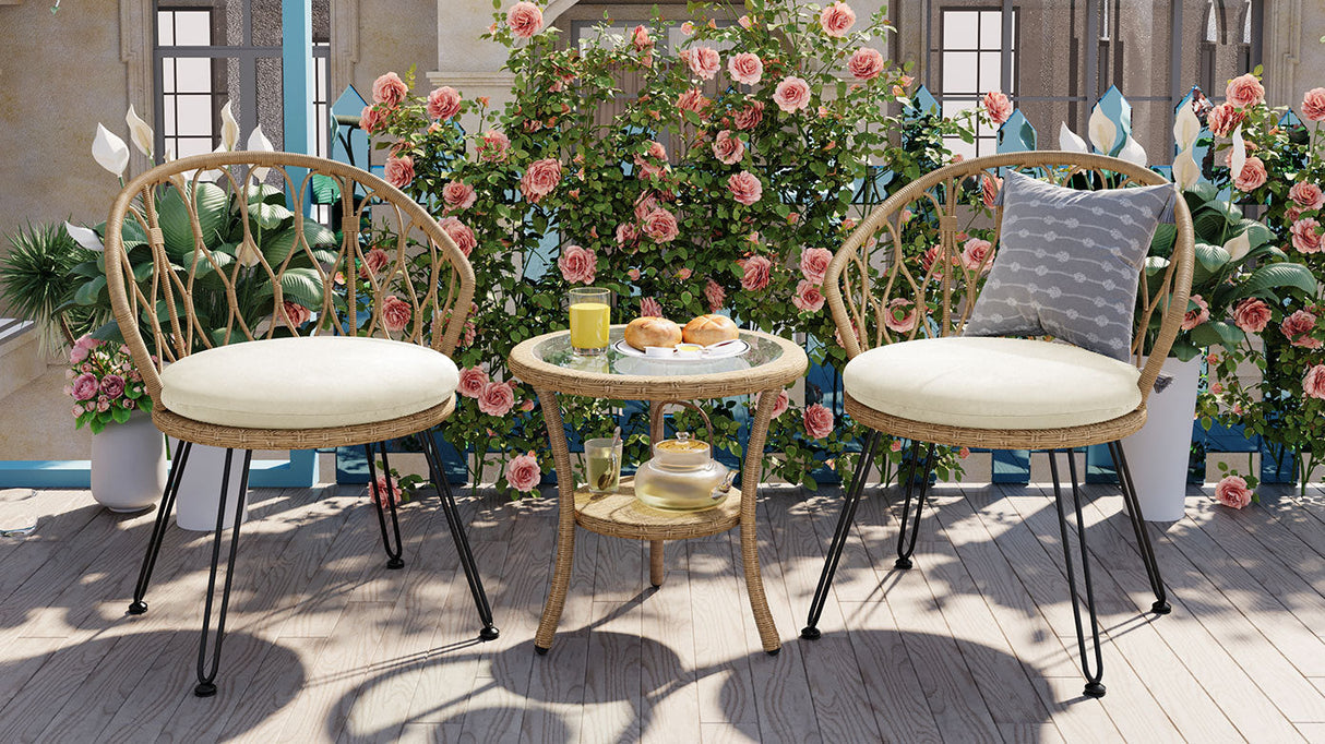 U_STYLE Outdoor Leisure Set, 2 Rattan Single Chairs with Glass Round Table