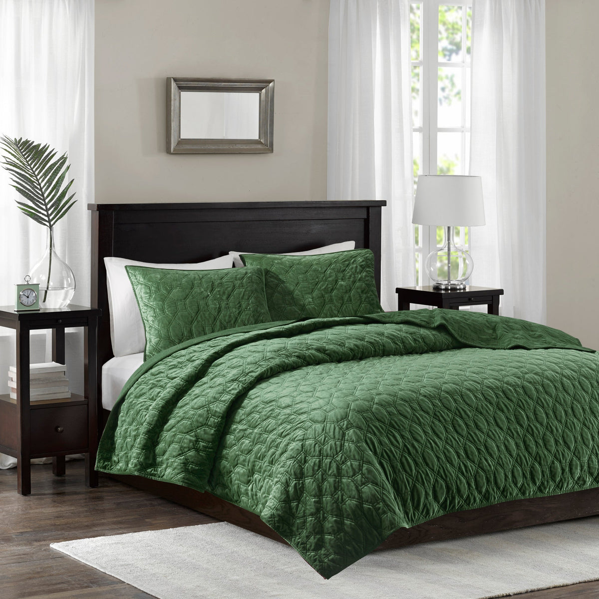 3 Piece Velvet Quilt Set Green Full/Queen