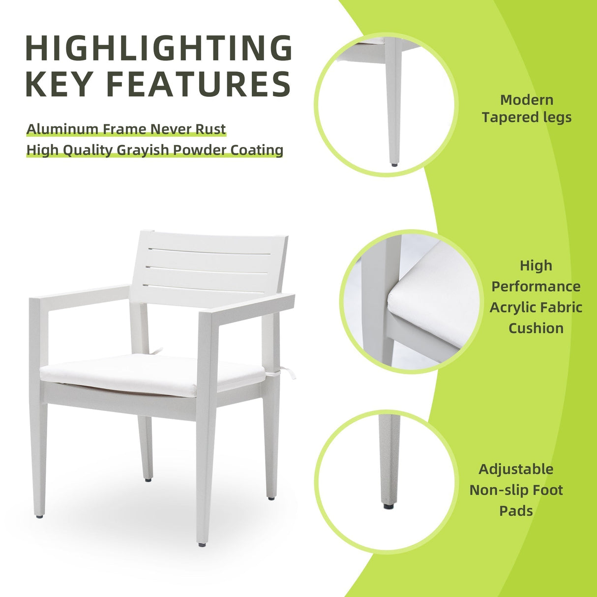 Outdoor Patio Aluminum Stationary Dining Chairs 4PCs with Outdoor-Grade Sunbrella Fabric Cushions