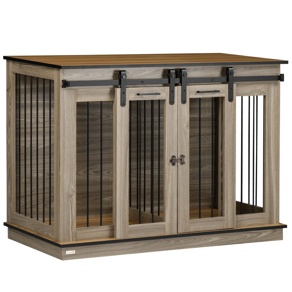 Dog Crate End Table for Small to Large Dogs, with Double Doors  and divider, 47"W x 23.5"D x 35"H, Oak